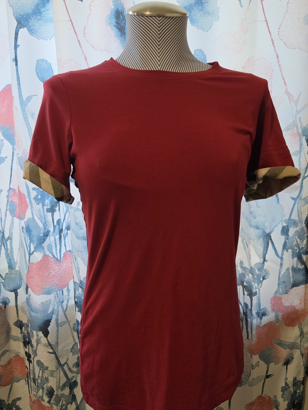 Burberry Short-Sleeve Tee in Deep Red with Signature Check Cuffs